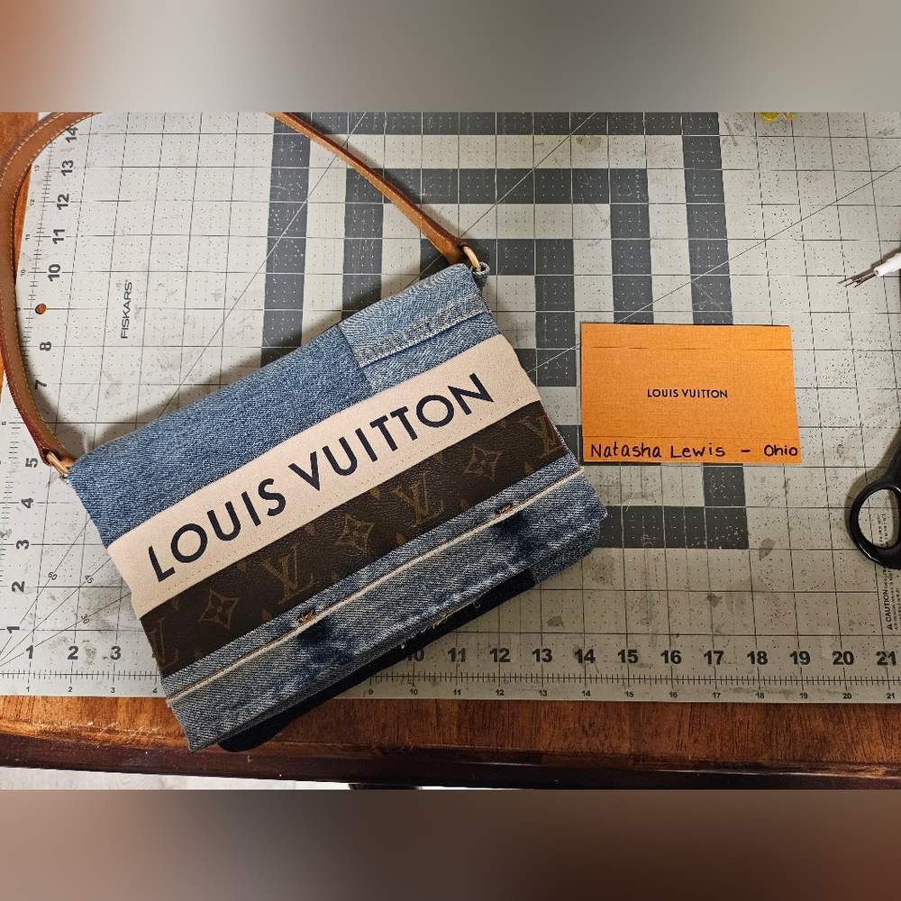 ❌️SOLD❌️ Repurpsed Upcycled Denim fold over clutch shoulder bag w LV materials